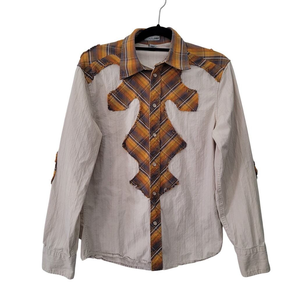 H&M Women's Size M Western Snap Shirt Distressed Long‎ Sleeve Country indie